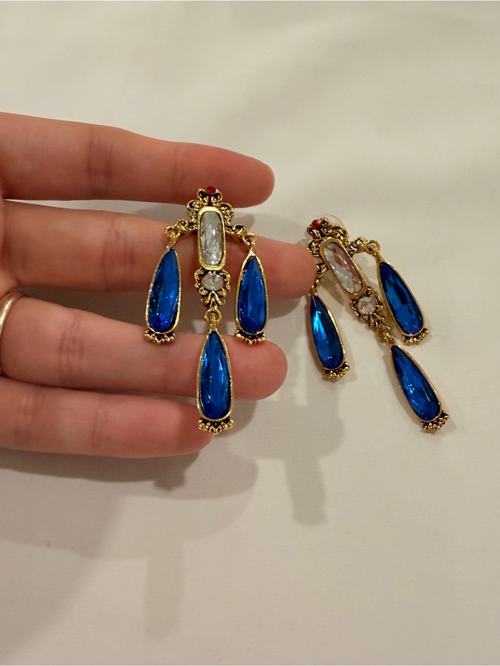 Gold-Tone Earrings with Deep Blue and Clear Stones - Picture 5 of 7